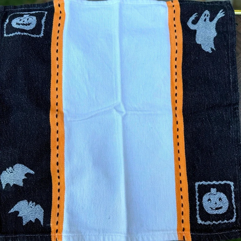 Halloween Kitchen Tea Towel Set 3pc Ghost Pumpkin Bat Plaid Orange Black White